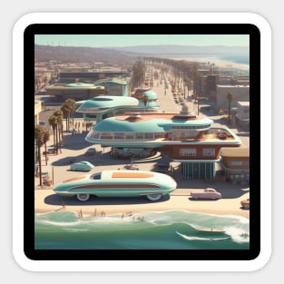 A Retro-Futuristic image of a Califonia Beach City Sticker